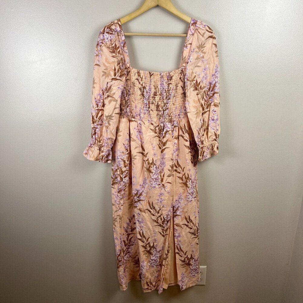 House of Harlow Smocked Midi Dress Size Medium Pink Floral Linen Blend Peasant